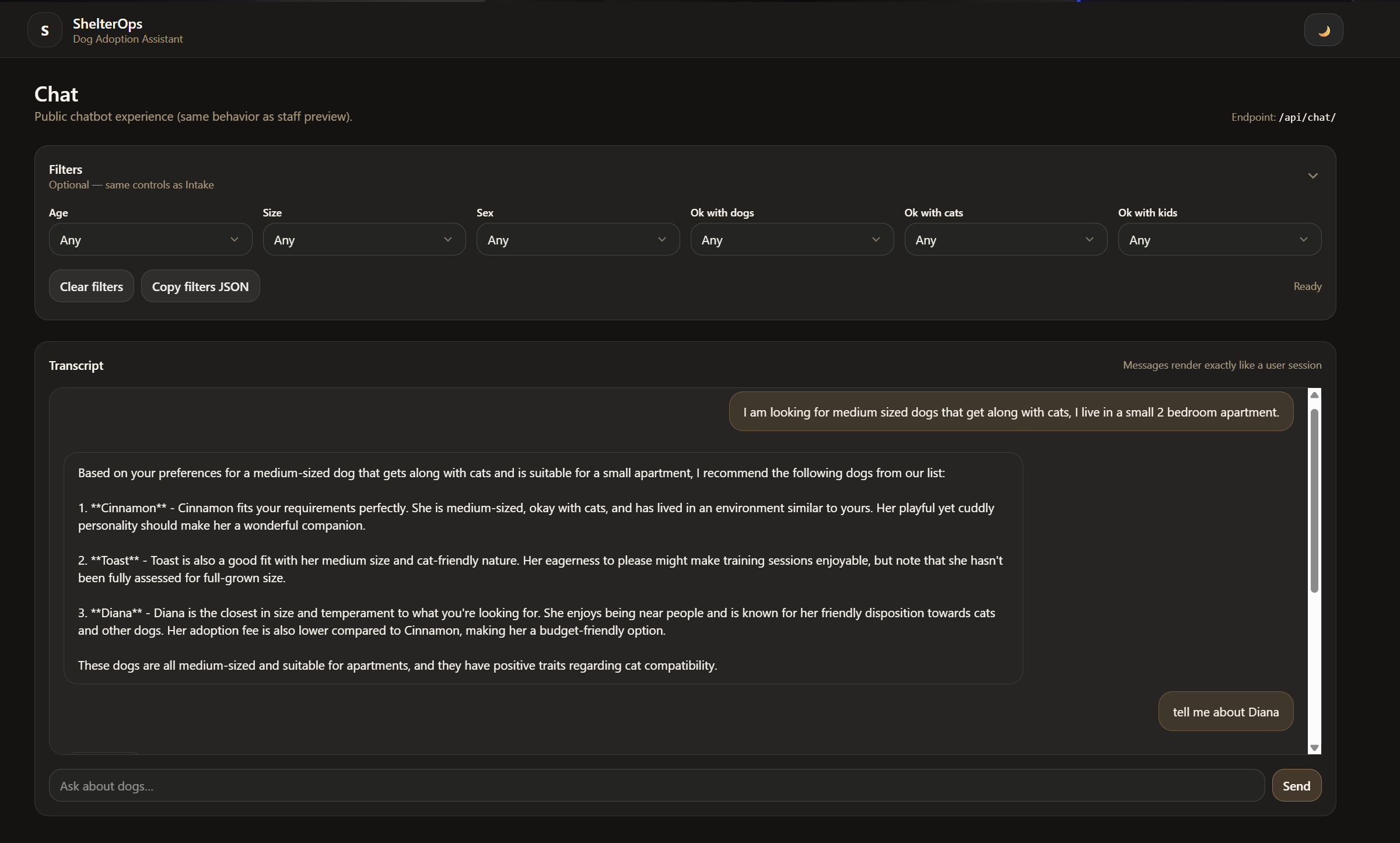 ShelterOps chat experience